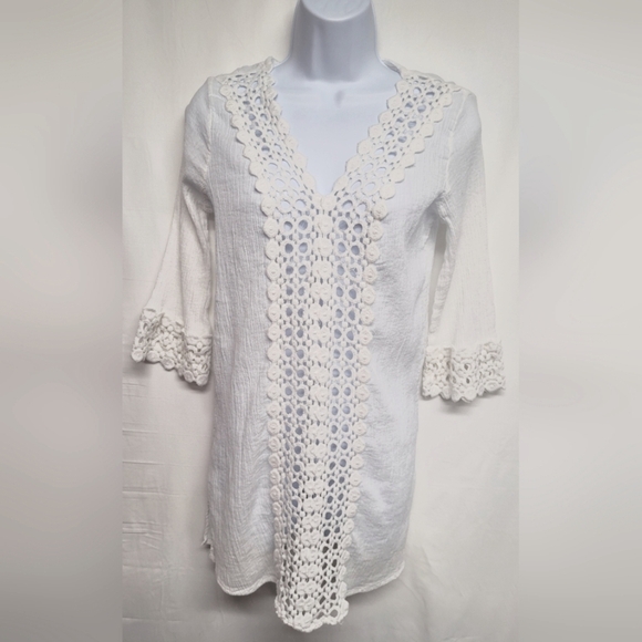 Flint & Moss Beach S Tunic Top Eyelet Lace Trim Bright White Gauze Fabric - Picture 1 of 4